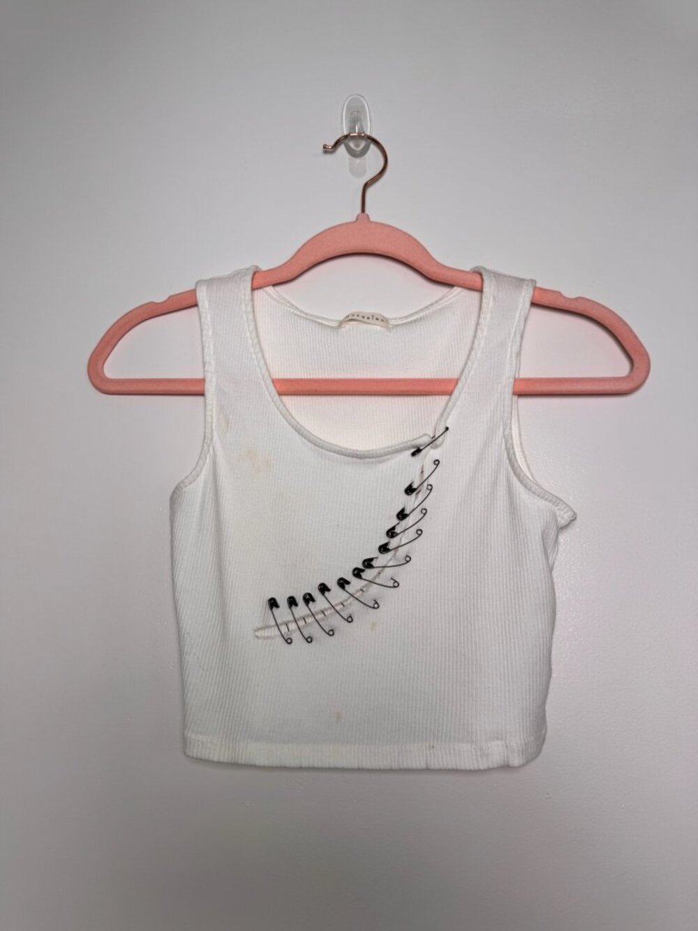 Occasion Punk White Safety Pin Ribbed Crop Tank Top L EPOC